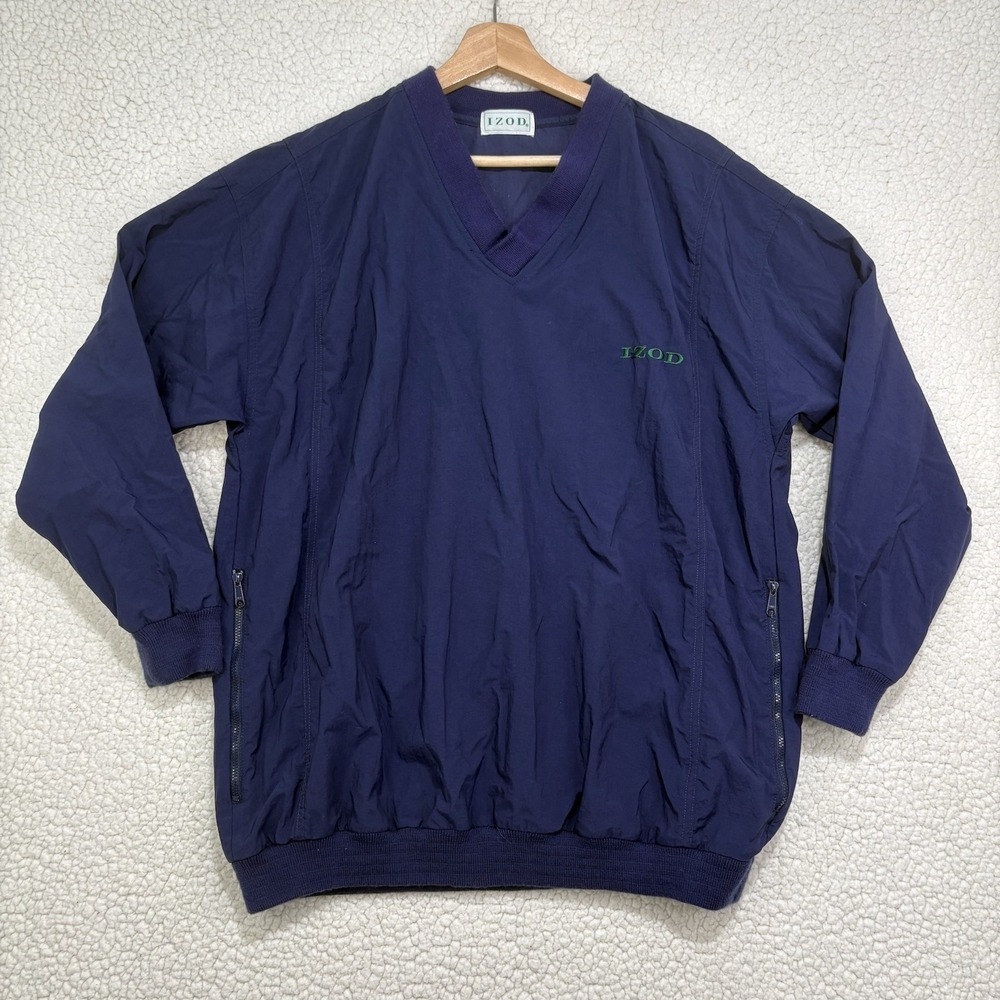 Vintage IZOD V-Neck Pullover Windbreaker Navy Long Sleeve Mens Zip Pockets Golf
